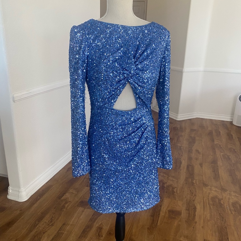 Blue sequence mini dress.